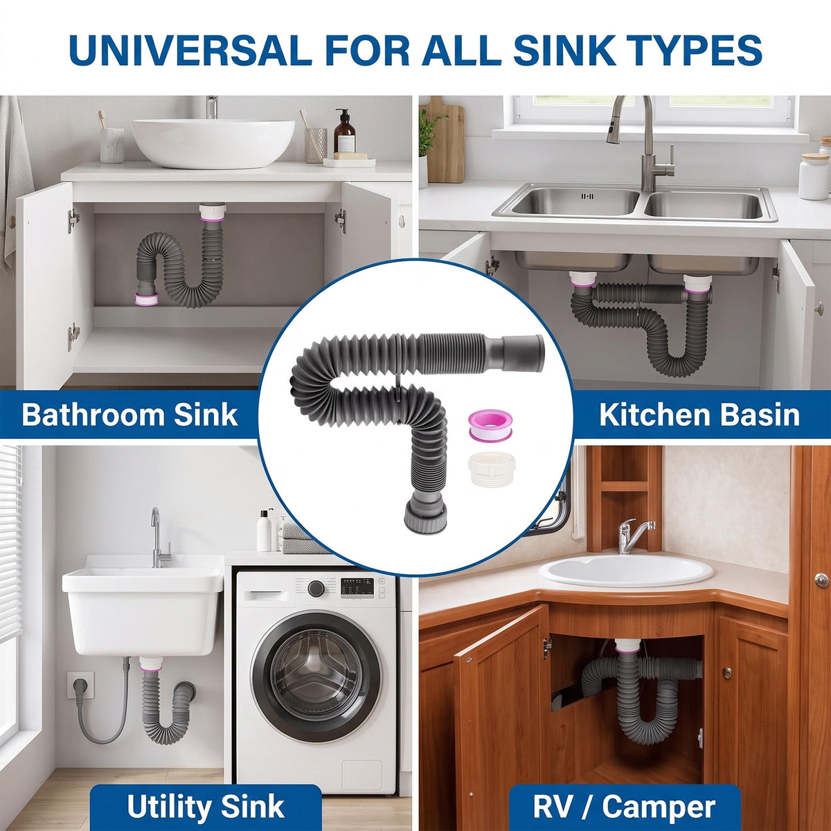 Universal 1-1/4 and 1-1/2 Inch Flexible Expandable P-Trap Drain Kit