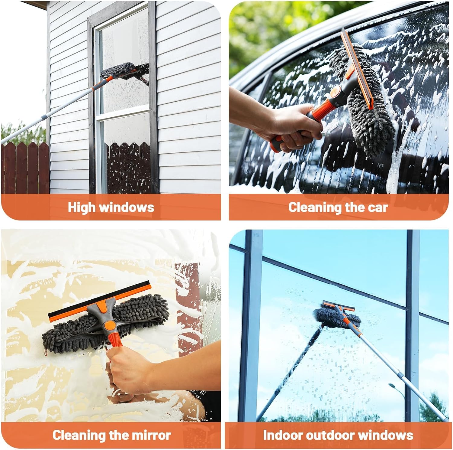 2-in-1 Window Cleaner Tool, 64'' Window Squeegee for Home, Window Cleaning Squeegee Kit with Telescopic Pole, Window