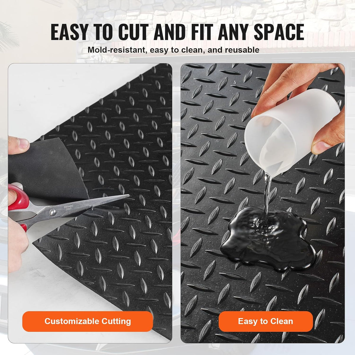 Diamond-Plate Rubber Flooring Roll, 3 mm x 4 ft x 10 ft Garage Floor Mat, SBR, Easy to Clean, Diamond Plate Rubber