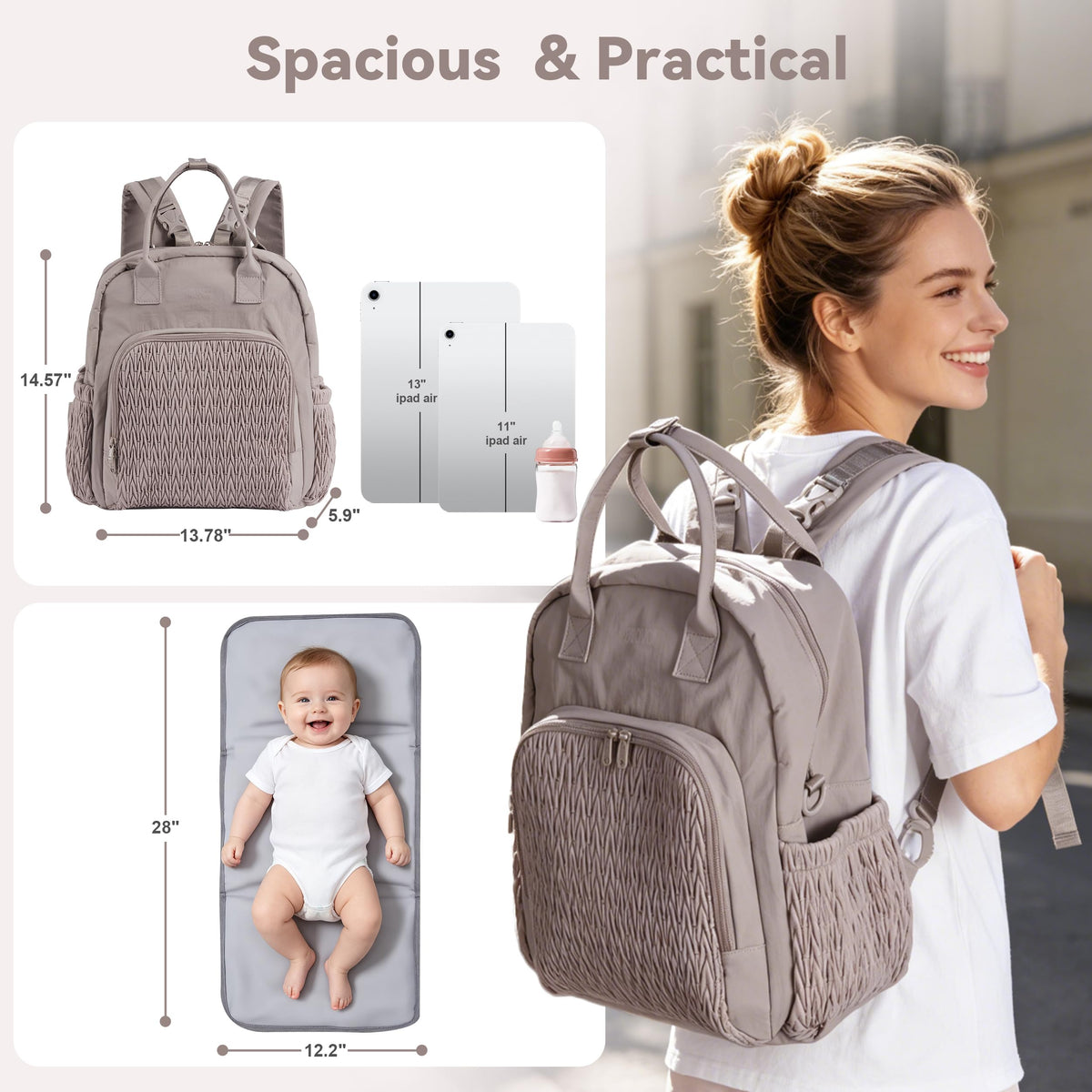 Multi-functional Diaper Bag Backpack with Changing Pad Brown