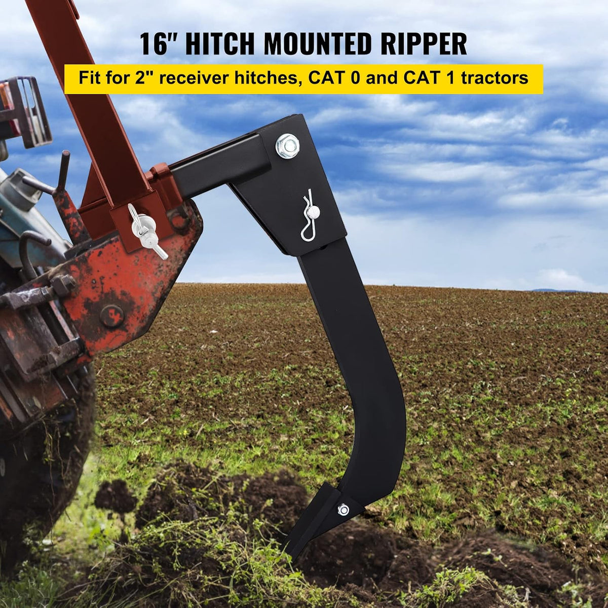 16" Tractor Box Blade Ripper – Hitch-Mounted Shank with 4 Adjustable Depth Settings, 2 Plow Tips & Shear Bolt, Fits