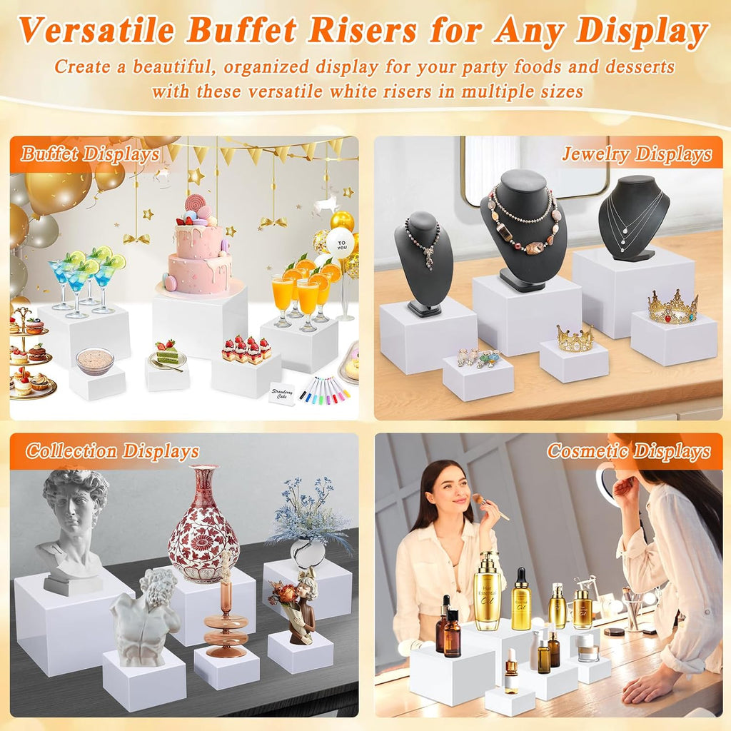 White Acrylic Buffet Risers and Stand Food Risers with Mini Sign and Maker