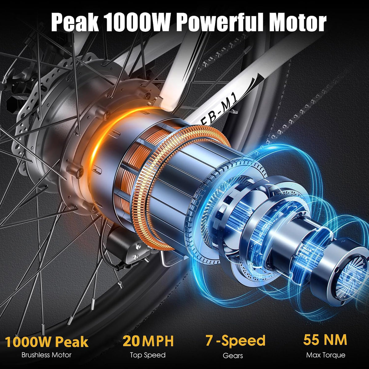 Electric Bike for Adults, 1000W Peak Ebike, 50Miles Electric Mountain Bike, 26" Adult Electric Bicycle with 48V