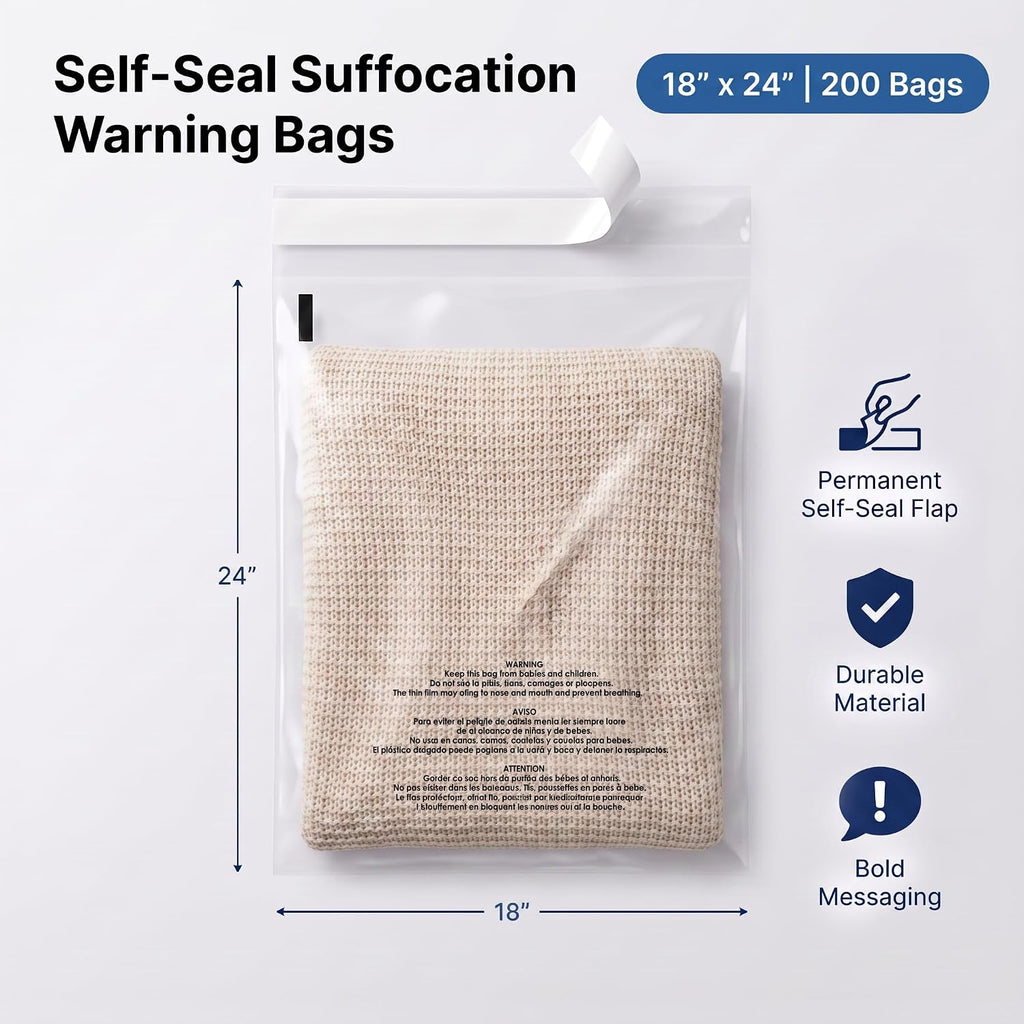 18” X 24” (200 Count) Self Seal Clear Poly Bags with Suffocation Warning