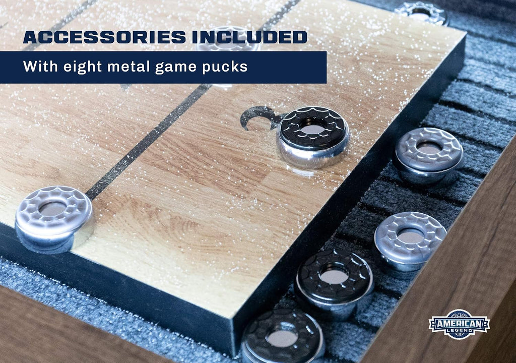Kirkwood 9’ Shuffleboard Table with LED Rails, Bowling Game Set, Rustic Wood Finish & Accessories Included
