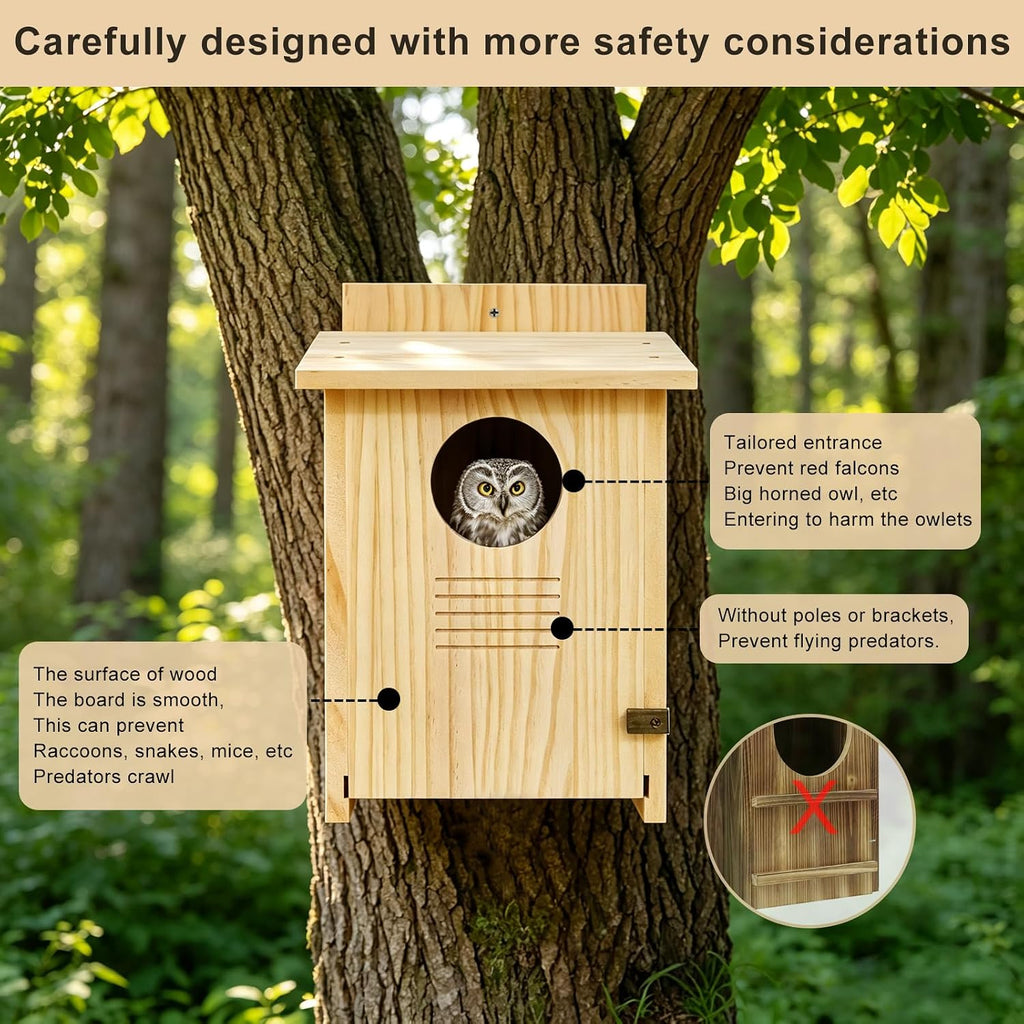 Owl House for Outdoors - Wood Owl Nesting Box for Wild Screech Owls, Waterproof & Ventilated Bird House with Predator