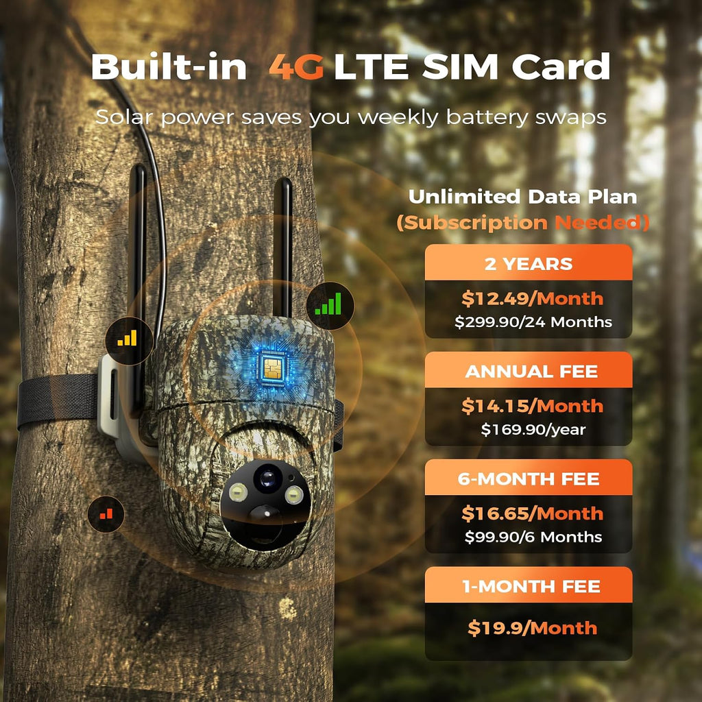 4G LTE Cellular Trail Cameras, 360° View Live Streaming Solar Cam | Game Camera Built-in SIM Card, PIR Motion