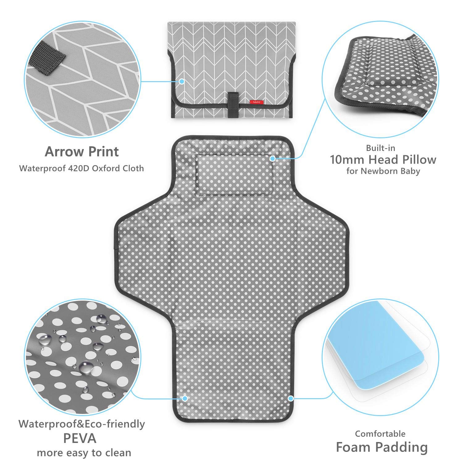 Portable Changing Pad for Baby, Waterproof Travel Changing Pads for Moms, Dads, with Built-in Pillow, Excellent Baby