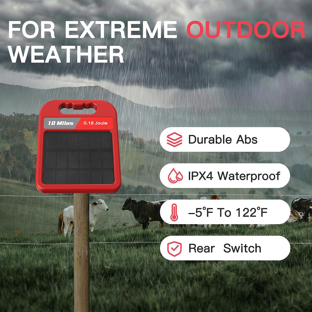 10 Mile Solar Fence Charger 0.18J Electric Fence Energizer with Day Night Mode 24-Hour Protection Red