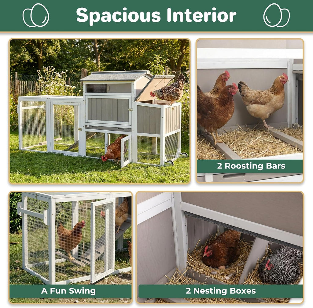 Chicken Coop with Wheels, Weatherproof Large Hen House Mobile Chicken Tractor with Nesting Box, Roosting Bars