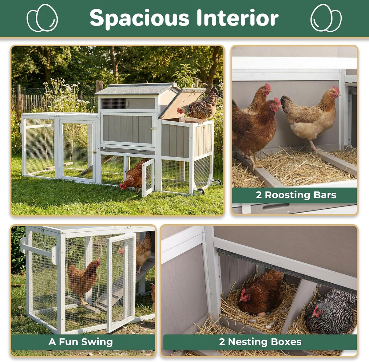 Chicken Coop with Wheels, Weatherproof Large Hen House Mobile Chicken Tractor with Nesting Box, Roosting Bars