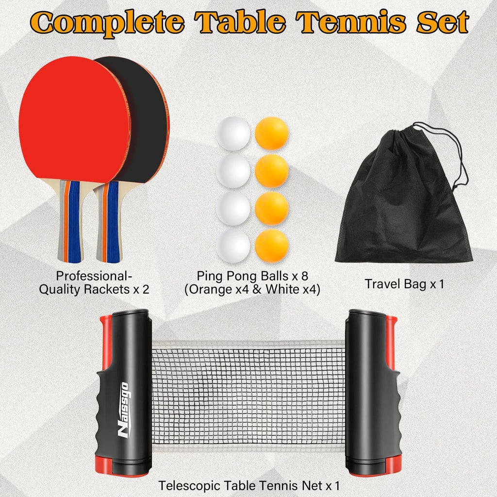 Table Tennis Set with Retractable Net, Portable Ping Pong Paddle Set with 2 Rackets, 8 Balls and Mesh Bag, Easy Setup