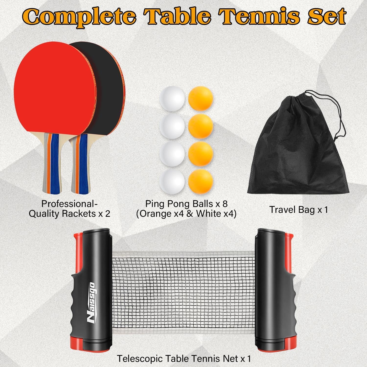 Table Tennis Set with Retractable Net, Portable Ping Pong Paddle Set with 2 Rackets, 8 Balls and Mesh Bag, Easy Setup