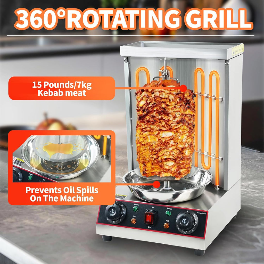 Electric Shawarma Grill Machine Vertical Rotisserie Broiler Gyro with 2 Heating Tubes,Countertop Rotating Grill Doner