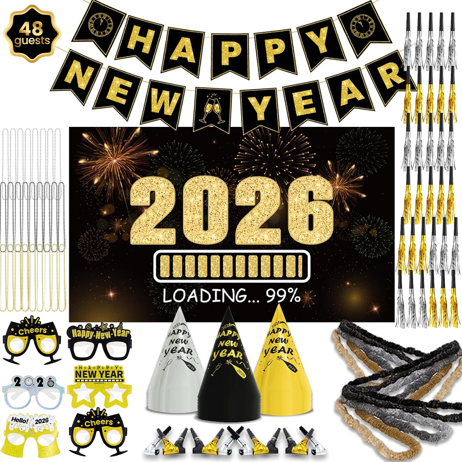 New Years Eve Party Supplies 2026 - Happy New Year Party Supplies Kit for 50 Guests, Including Hats, Glasses, Les