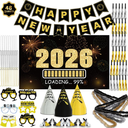 New Years Eve Party Supplies 2026 - Happy New Year Party Supplies Kit for 50 Guests, Including Hats, Glasses, Les