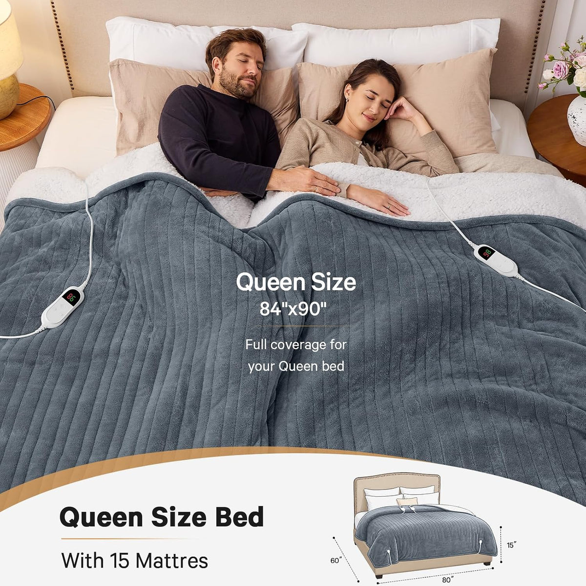 Heated Electric Blanket Queen Size, Dual Control 84" x 90“, Ash Gray