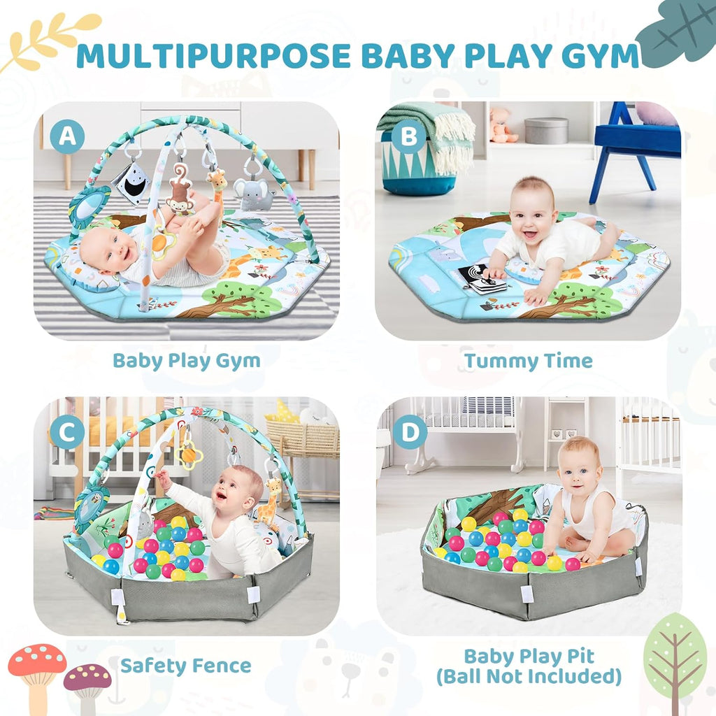 Baby Gym Play Mat, 8-in-1 Tummy Time Mat & Ball Pit with 6 Toys, Washable Baby Activity Play Mat for Visual, Hearing