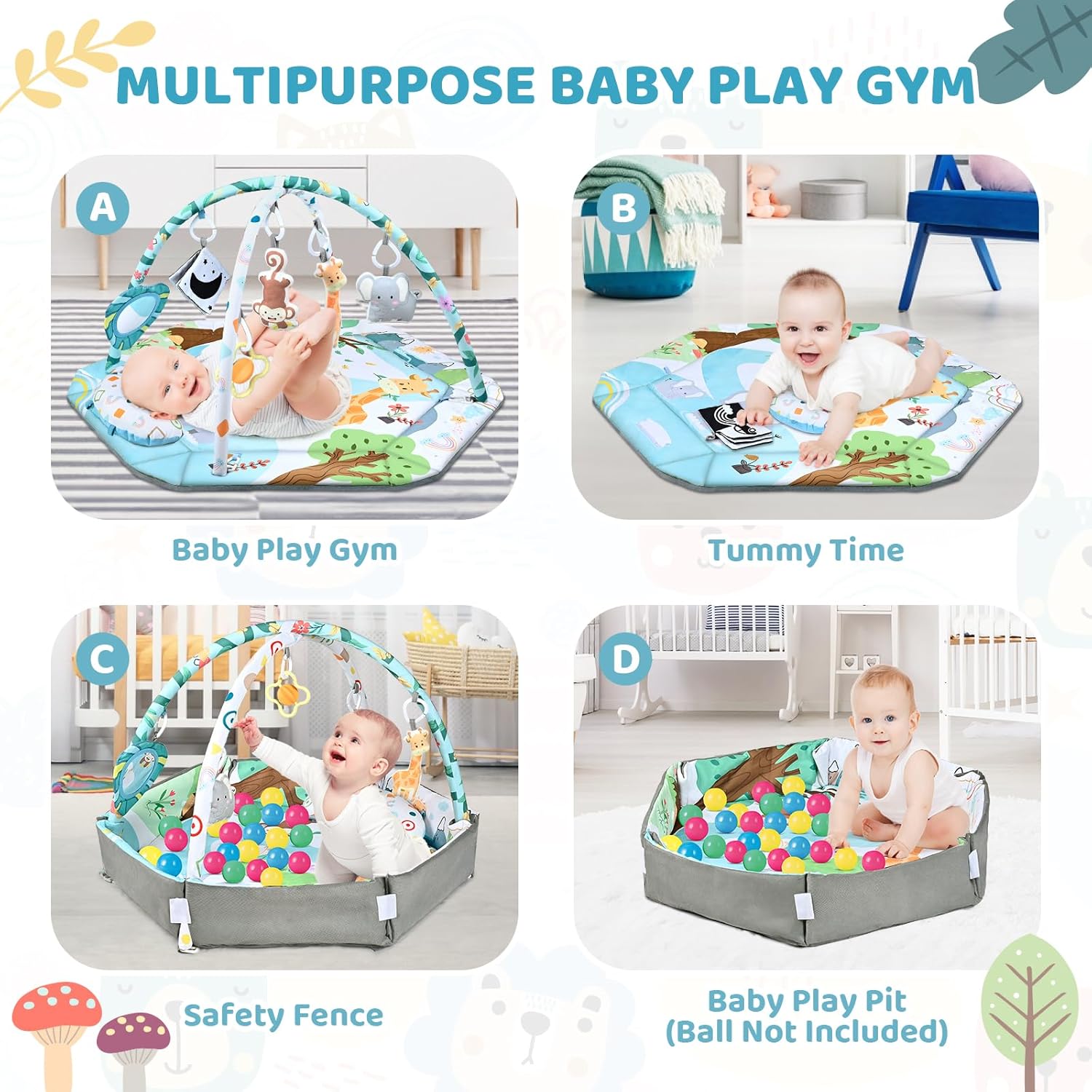 Baby Gym Play Mat, 8-in-1 Tummy Time Mat & Ball Pit with 6 Toys, Washable Baby Activity Play Mat for Visual, Hearing