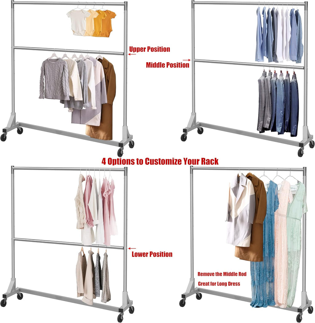 Commercial Grade Z-Base Double Rod Garment Rack, Silver | 600Lb Load with 63" Extra Long Bar, Adjustable Middle Bar