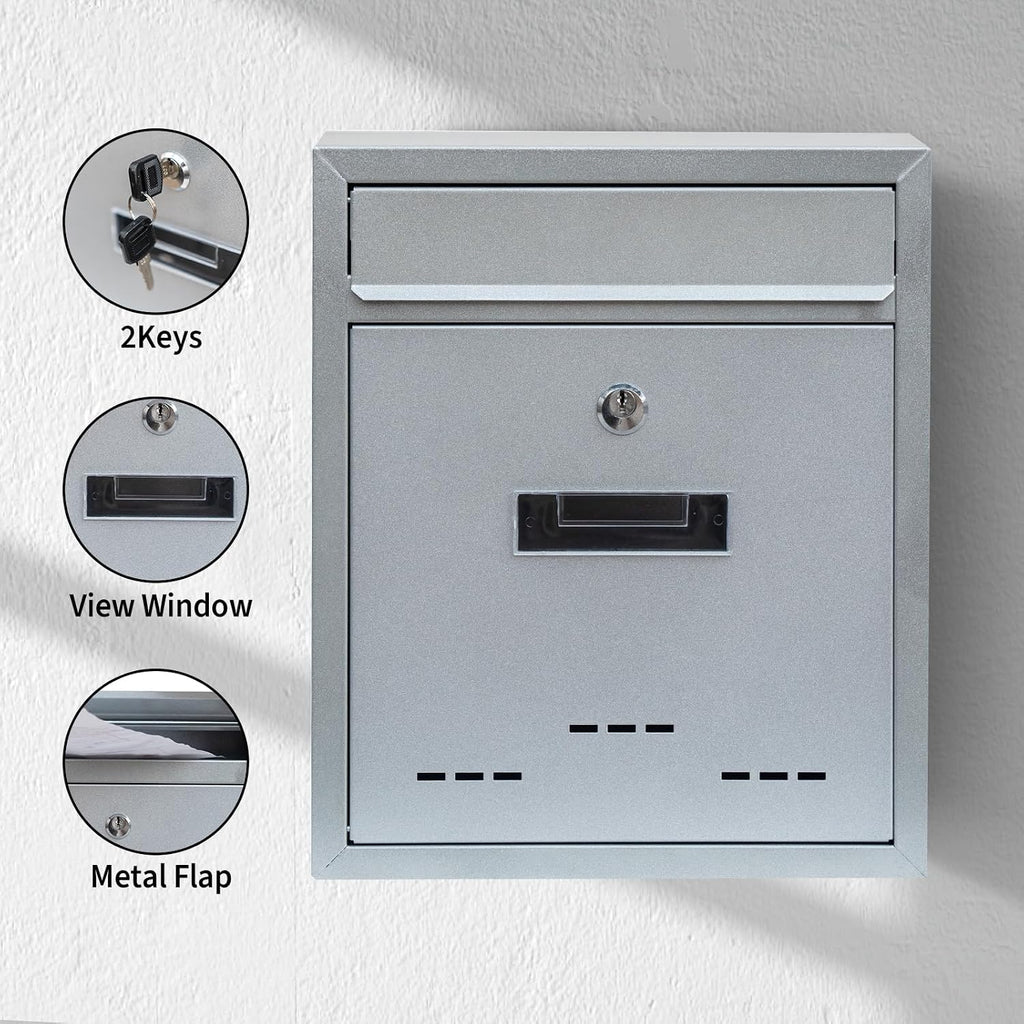 Wall-Mount Mailbox for House Outside, Locking Key Drop Box with View Window, Locking Postbox, Steel Metal Mail Box