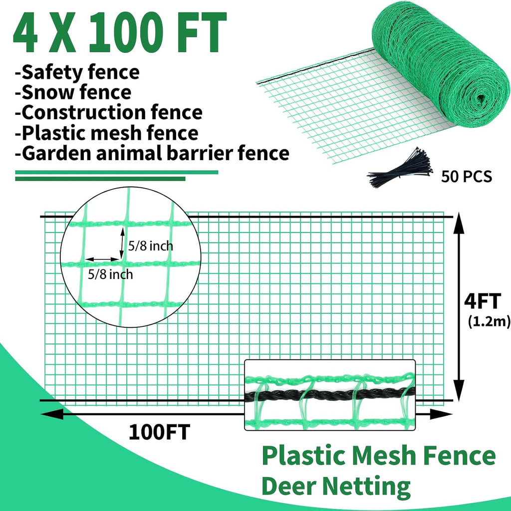 4x100ft Deer Fence Netting, Temporary Fence for Garden, Plastic Mesh Fence