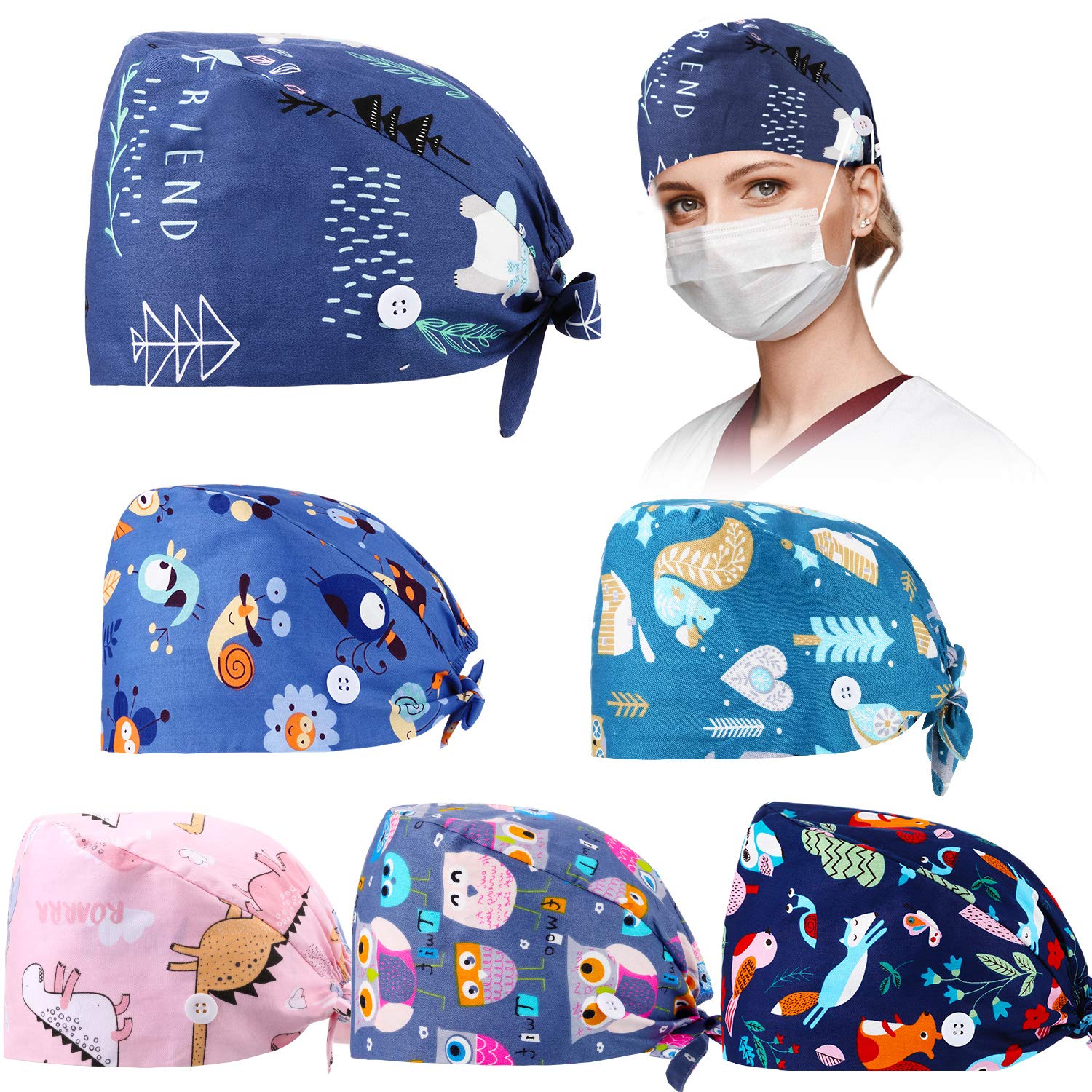 6 Pcs Women Nurse Scrub Caps with Button, Sweatband, Adjustable