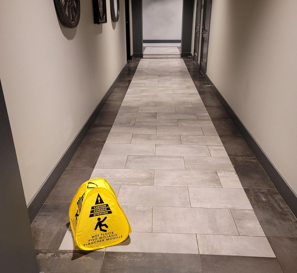 Kraken Sign Co - Pop-up Sign, Yellow 4-Sided Bilingual Trilingual English/Spanish/French Warning, Pop-up Caution Wet