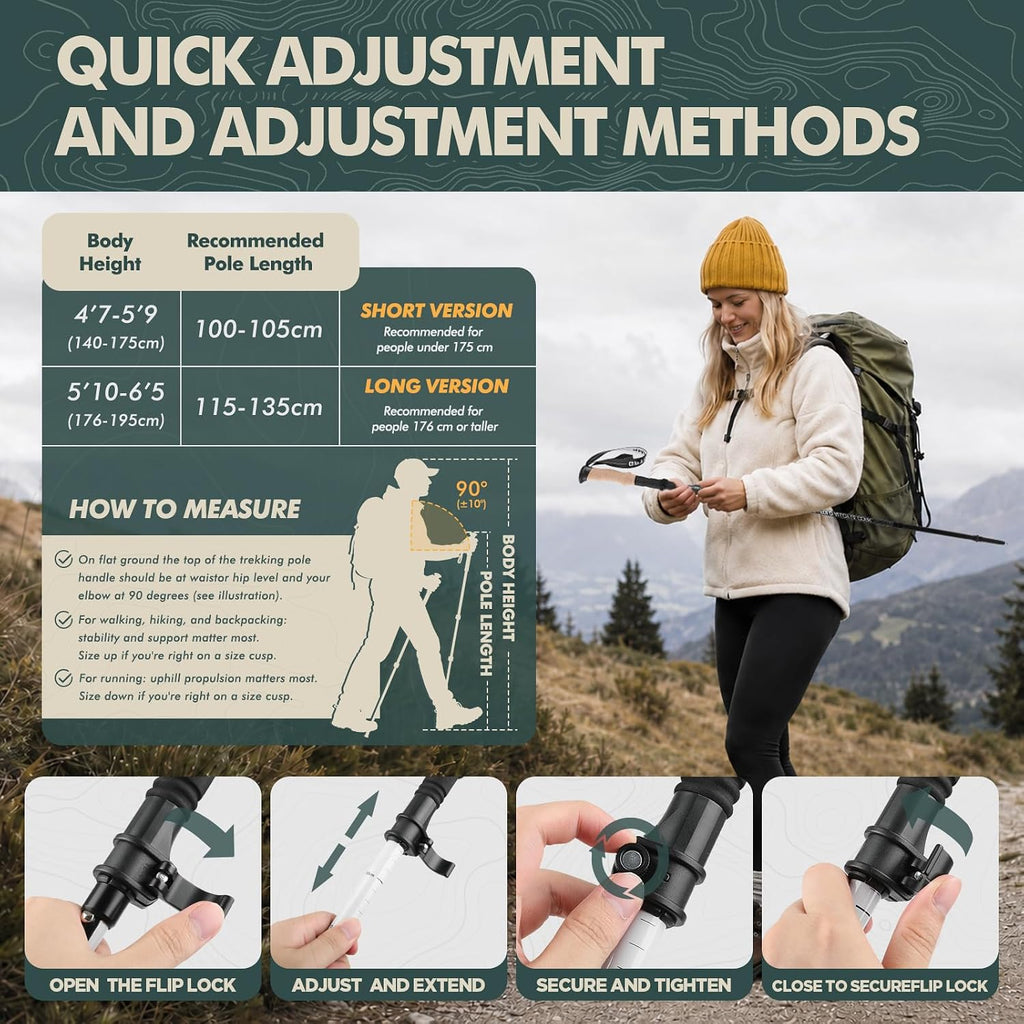 Folding Trekking Poles 7075 Aluminum Lightweight for Travel | Cork grip EVA sleeve, metal quick lock, wrist strap