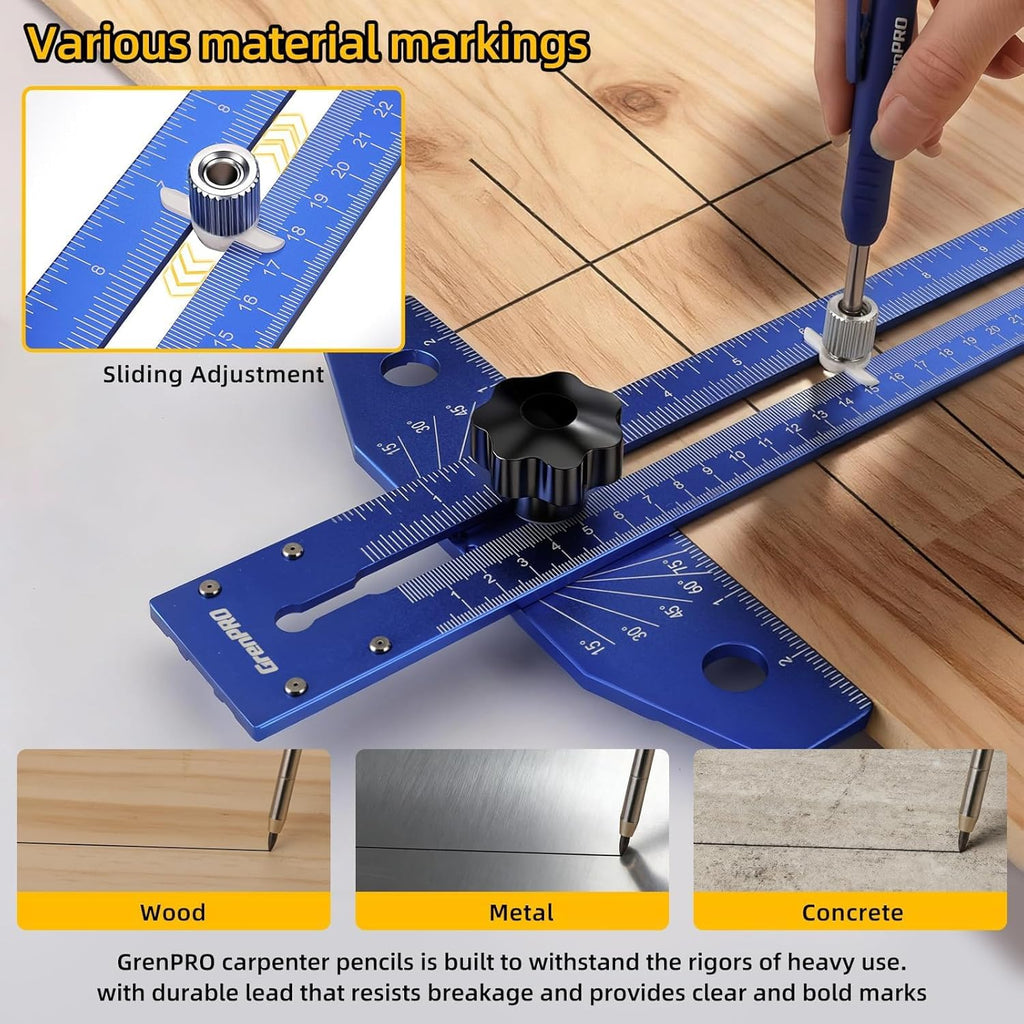 Speed Combination T-Square Woodworking Carpenter Angle Finder Ruler | Includes Carpenter Pencil & Steel Ruler