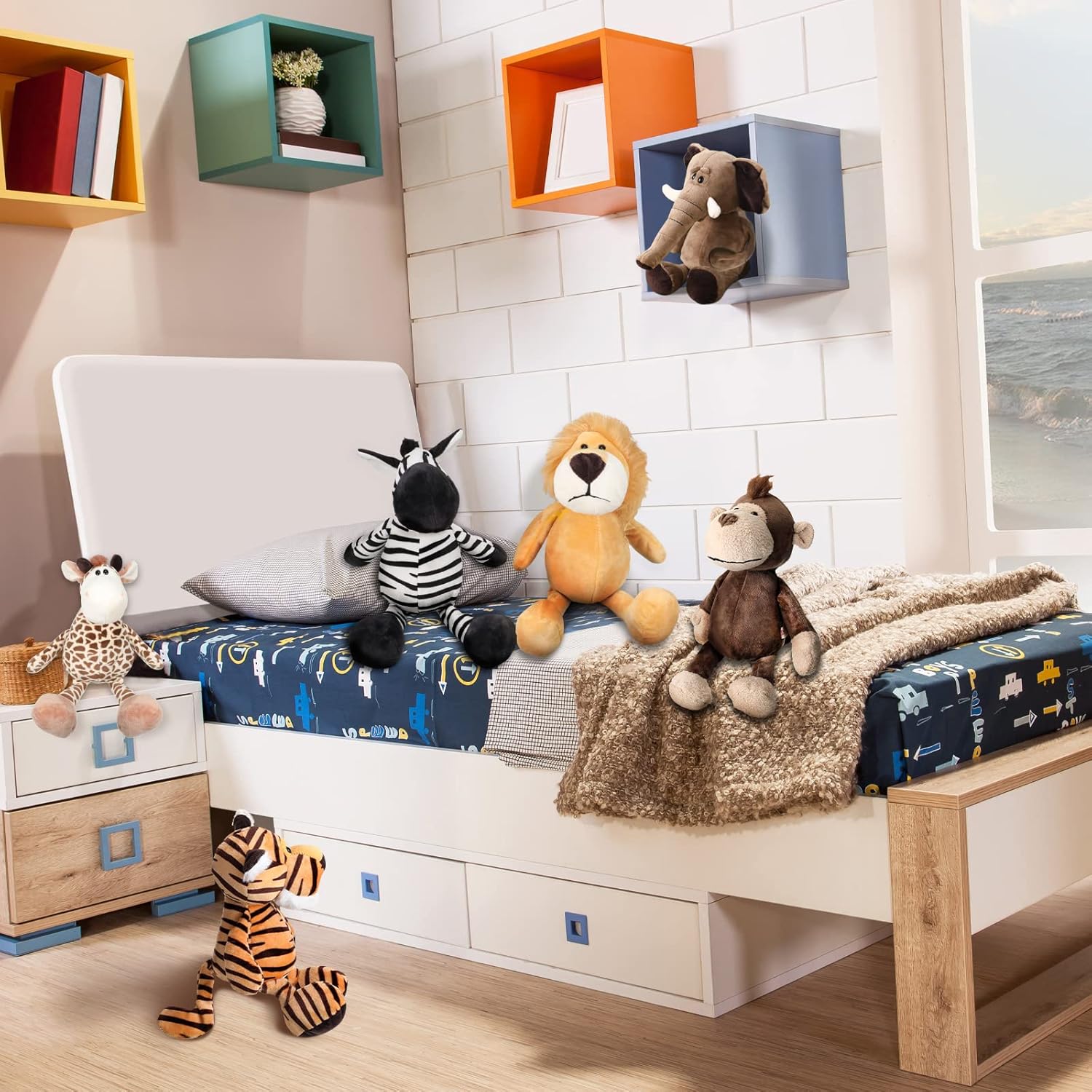 6 Pieces Safari Stuffed Animals Plush Jungle Animal Toys Set for VBS 2026 Decorations Lion Elephant Zebra Giraffe