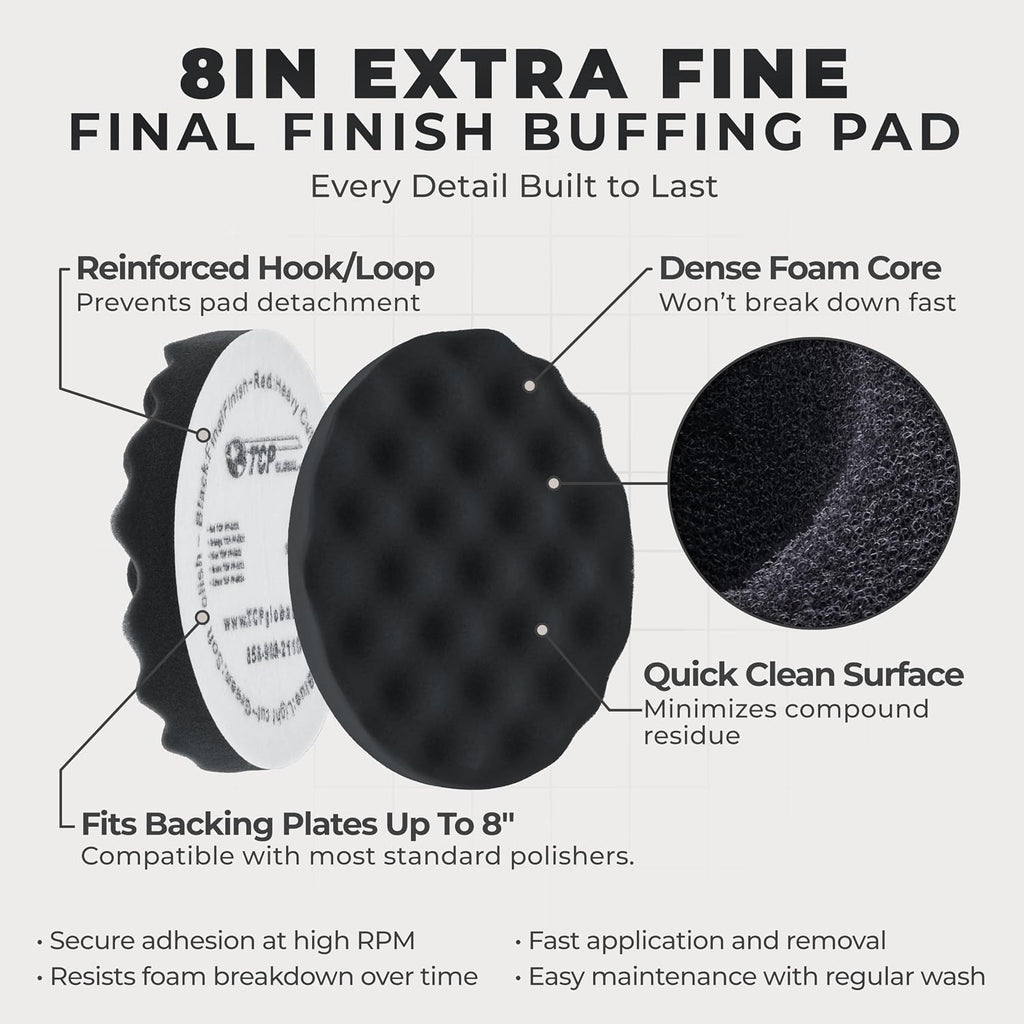 8" Black Waffle Foam Buffing Pad, Extra Fine Cut Polish | Hook & Loop Backing - Buffing Pad for Automotive, Marine
