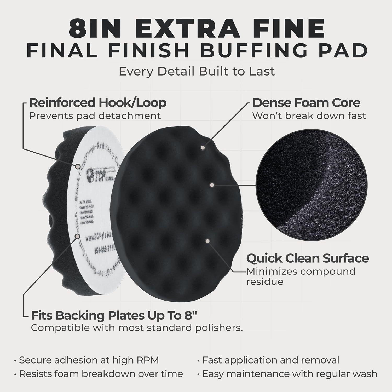 8" Black Waffle Foam Buffing Pad, Extra Fine Cut Polish | Hook & Loop Backing - Buffing Pad for Automotive, Marine