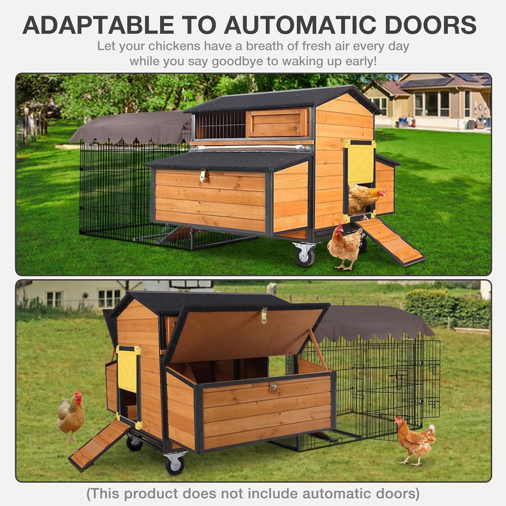 Chicken Coop with Wheels - Spacious 76" Metal Frame Chicken House with 6 Nesting Box and Leakproof Pull-on Tray
