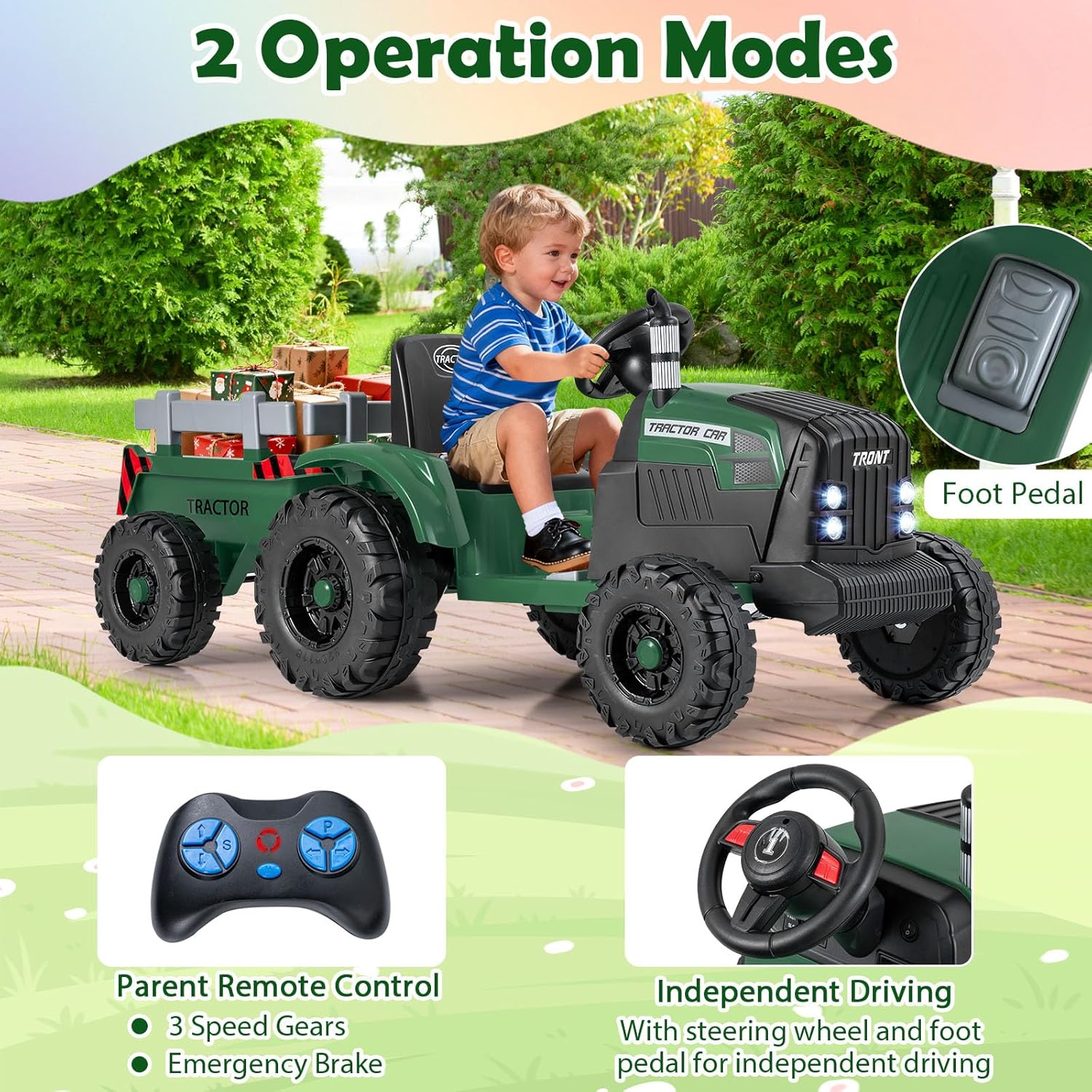 24V Ride On Tractor, Kids Battery Powered Vehicles with Detachable Trailer, Dual Motors, Remote Control, Soft Start &