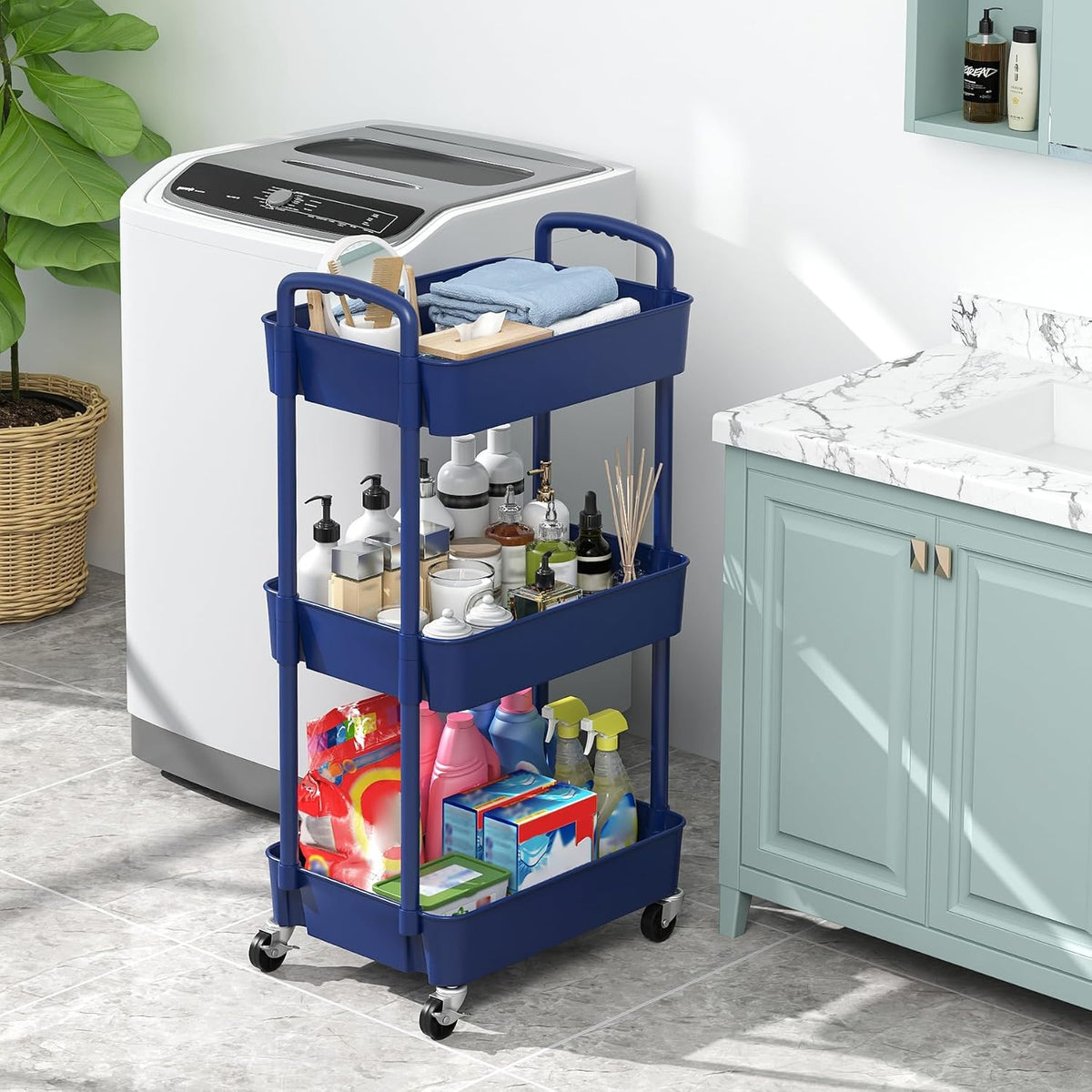 3-Tier Plastic Rolling Utility Cart with Wheels for Storage,Blue