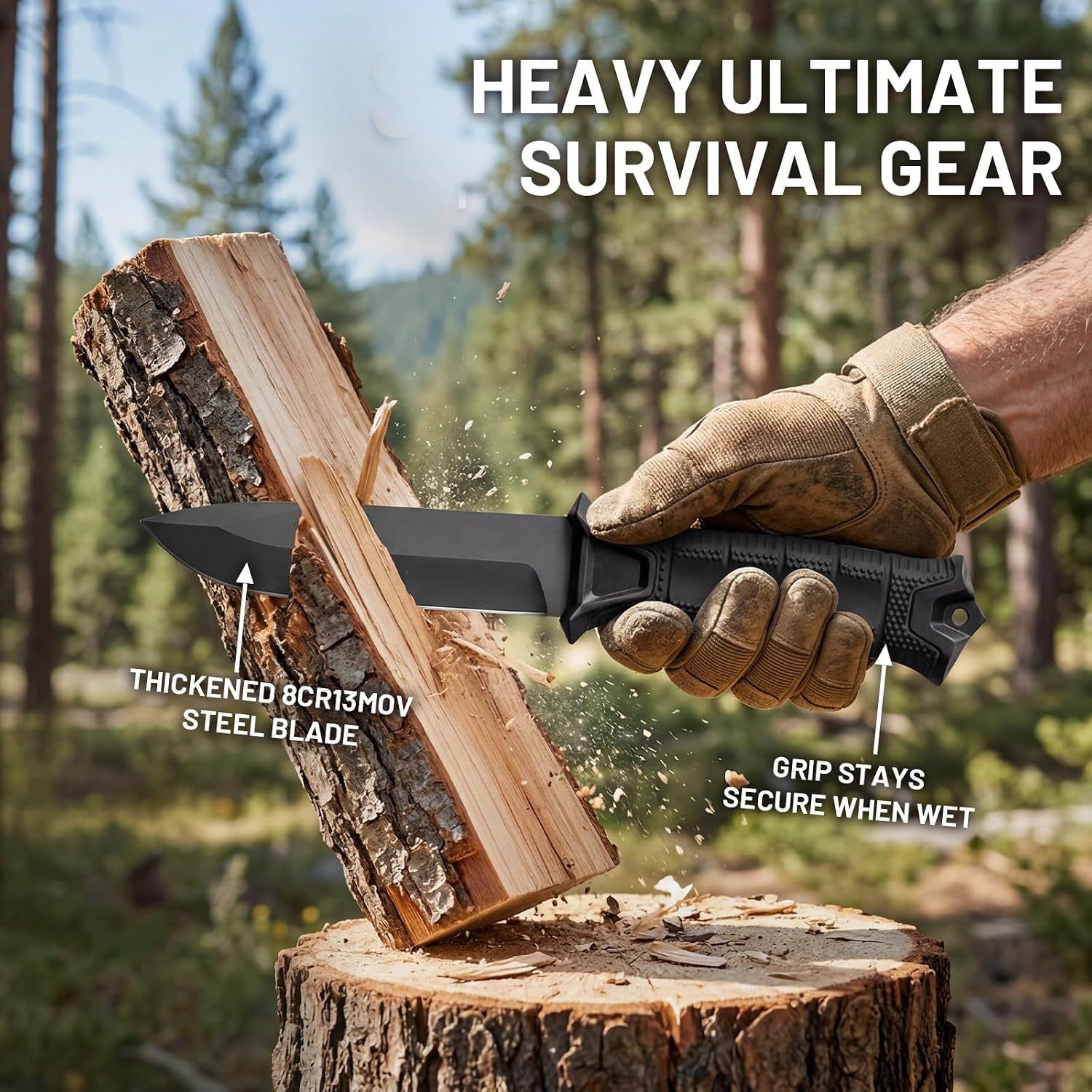 Fixed Blade Tactical Survival Knife, Full Tang 8Cr13MoV with Sheath, Fire Starter & Compass, Non-Slip Handle, for