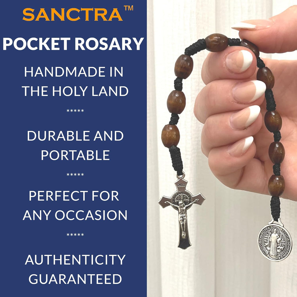 Pocket Rosary, Handmade and Blessed in the Holy Land, Prayer Beads with Saints Medal and Cross/Crucifix, Gift Pouch