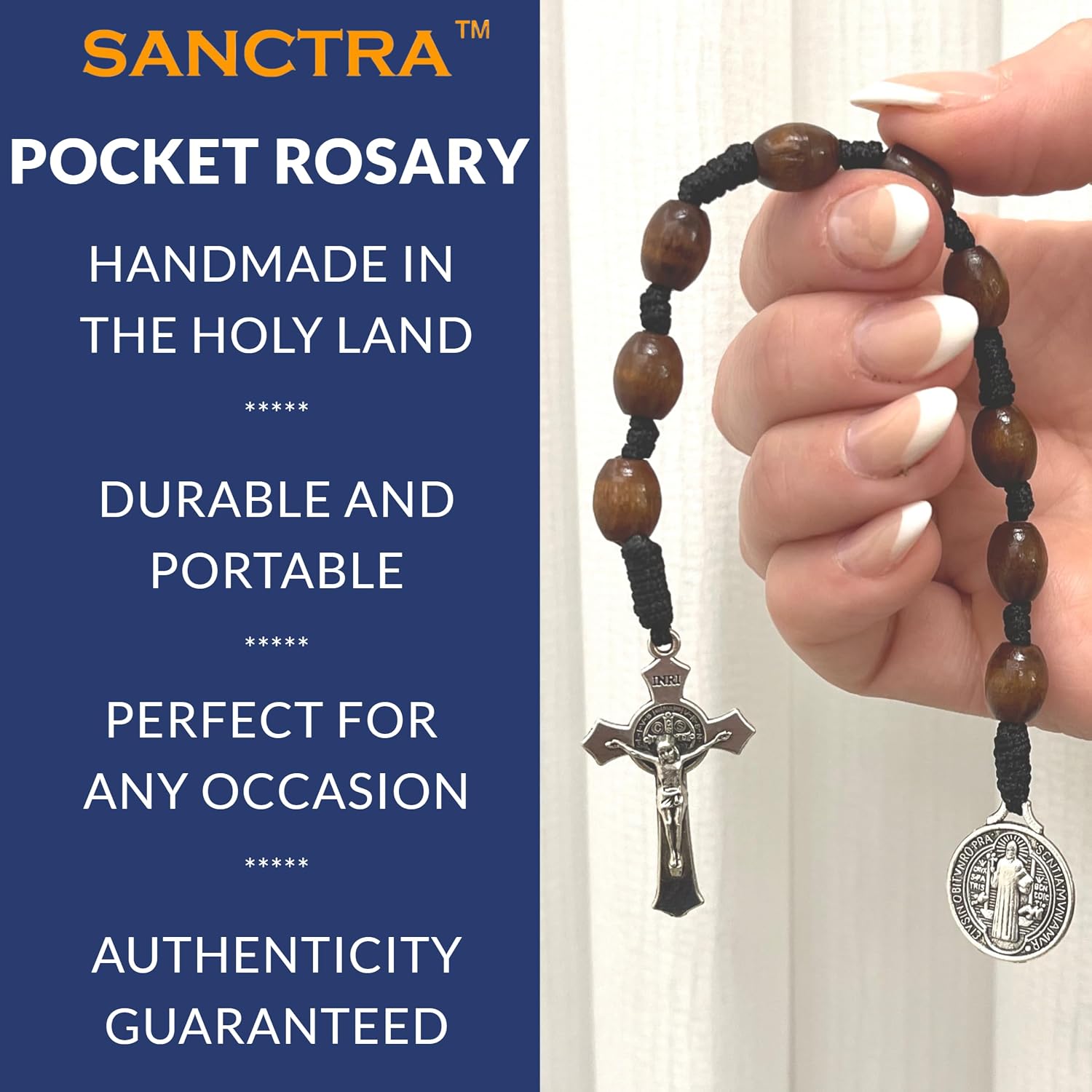 Pocket Rosary, Handmade and Blessed in the Holy Land, Prayer Beads with Saints Medal and Cross/Crucifix, Gift Pouch