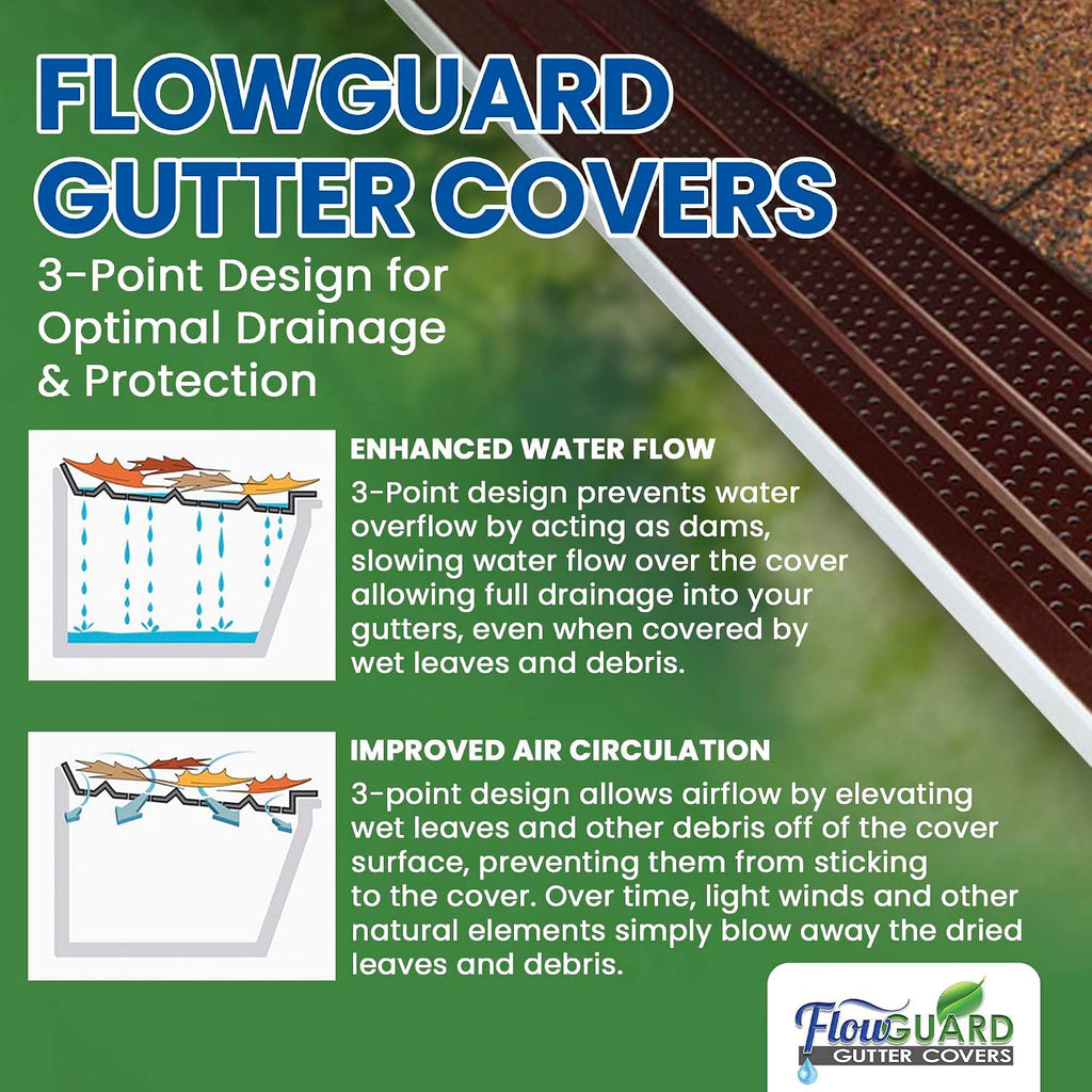 FlowGuard Gutter Guard, USA Made Professional DIY 5 Inch 50-Year Gutter Cover Leaf Protection System - Brown