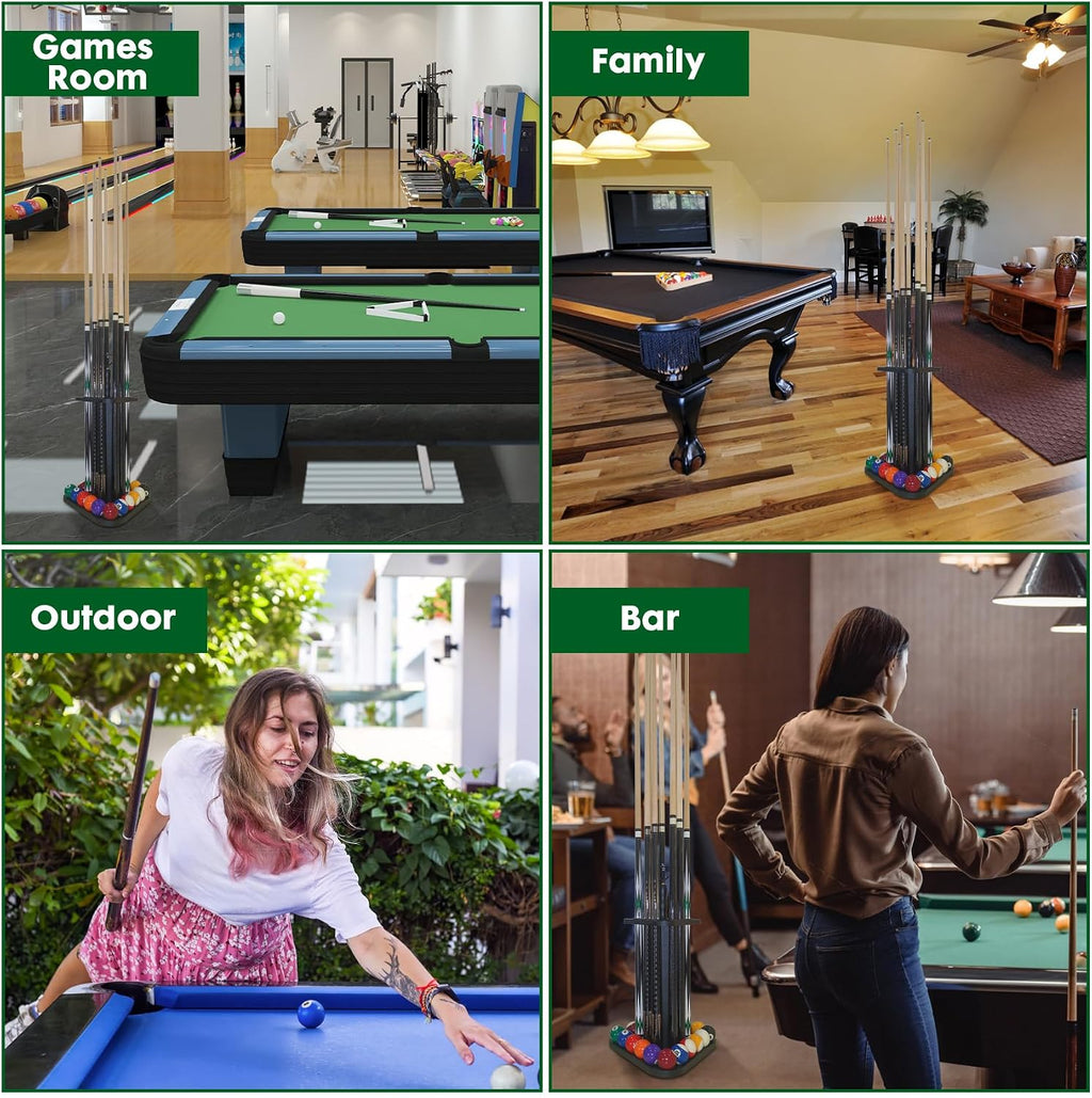 Pool Cue Rack Floor Stand | Wood Billiard Stick Holder & Game Room Organizer | Holds 9 Cues, Full Ball Set &