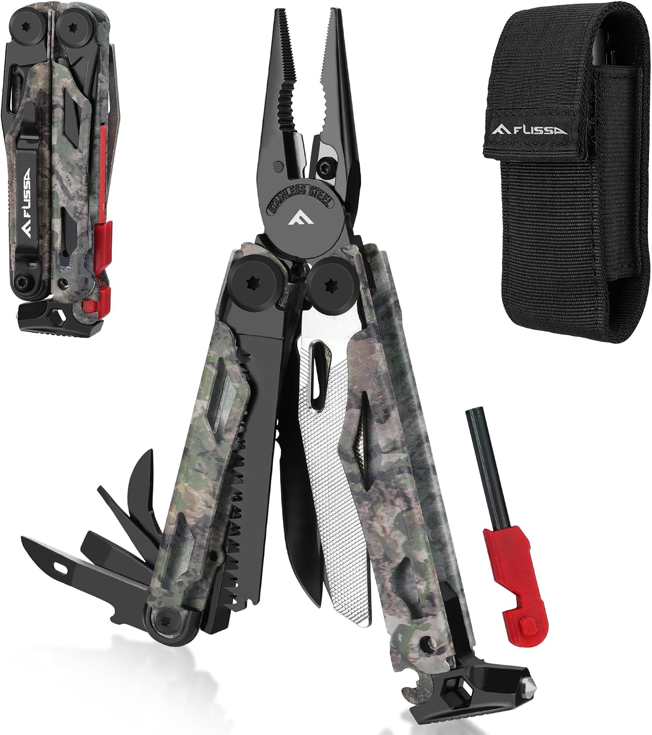 18-in-1 Camo EDC Multitool Pliers Fire Starter with Sheath | Equipped with Fire Starter, Window Breaker, Whistle