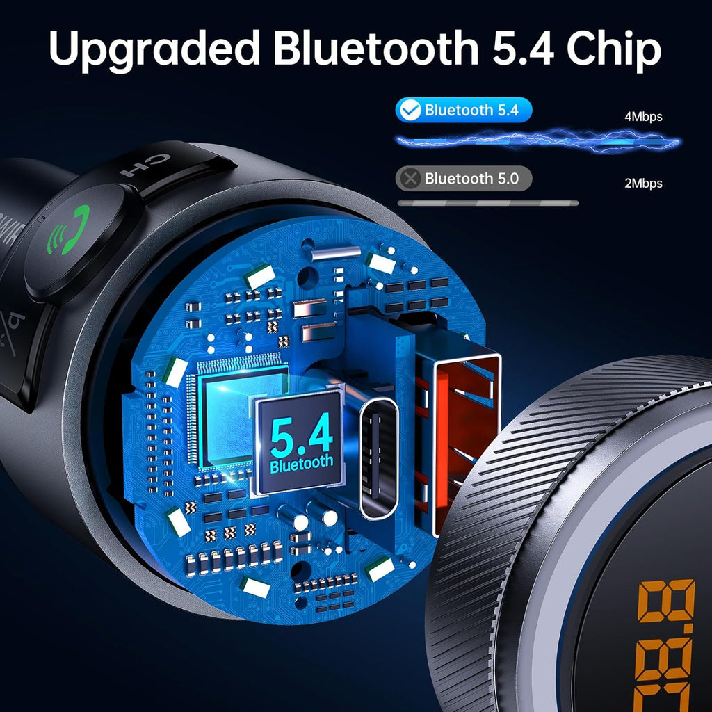 Bluetooth 5.4 FM Transmitter for Car, 38W PD&QC3.0 Dual USB Charging Bluetooth Car Adapter Microphone & Bass Sound