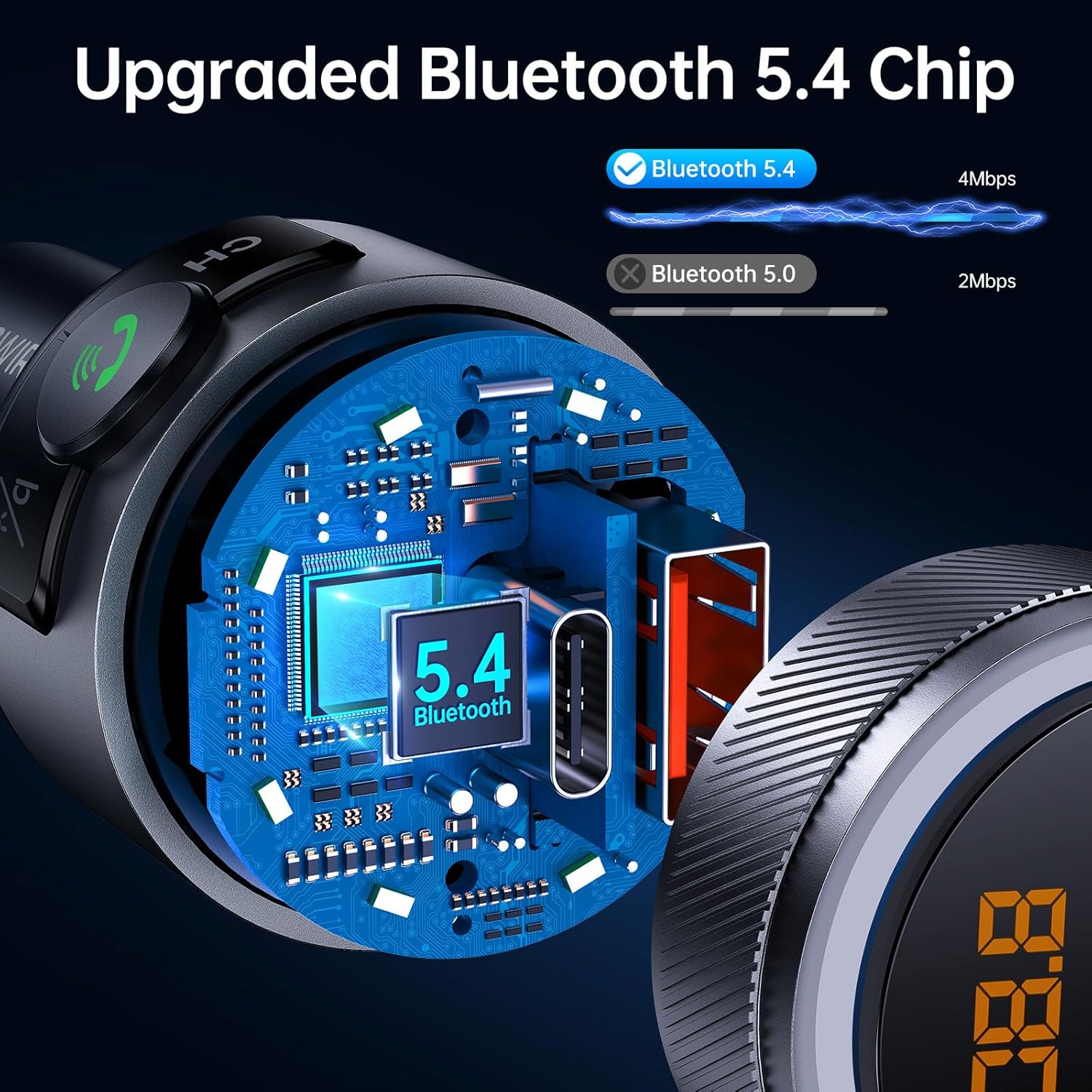 Bluetooth 5.4 FM Transmitter for Car, 38W PD&QC3.0 Dual USB Charging Bluetooth Car Adapter Microphone & Bass Sound