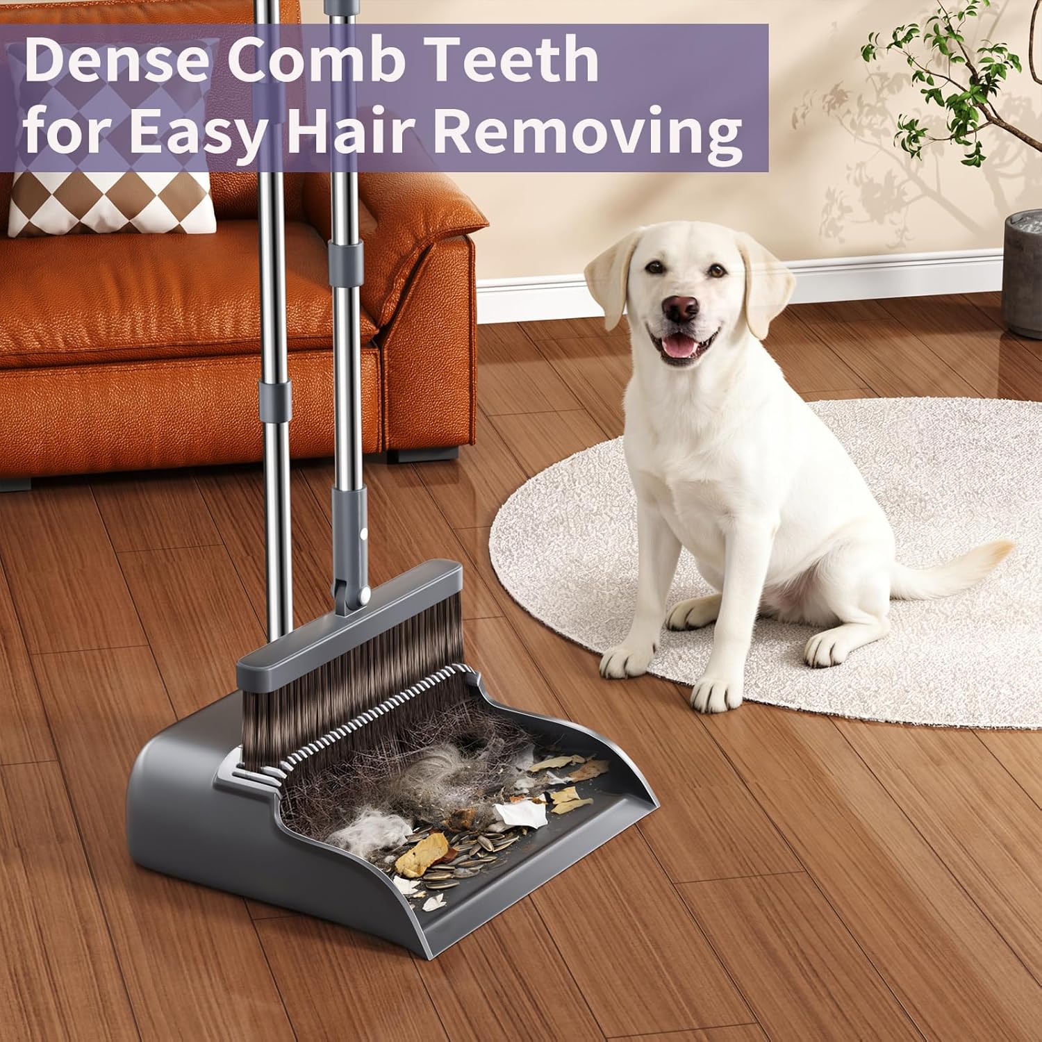 Broom and Dustpan Set, 51.6" Long Handle Broom with Dustpan Combo Set with Dustpan Teeth & Two Broom Heads, Brooms