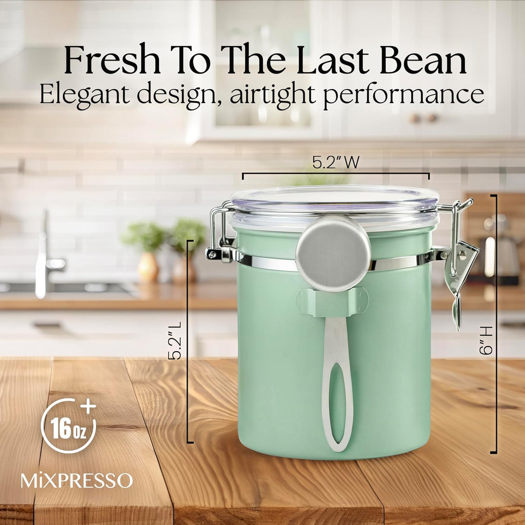 Coffee Canister, Airtight Coffee Bean Storage Container 16oz | Green Stainless steel container with clear lid, CO2