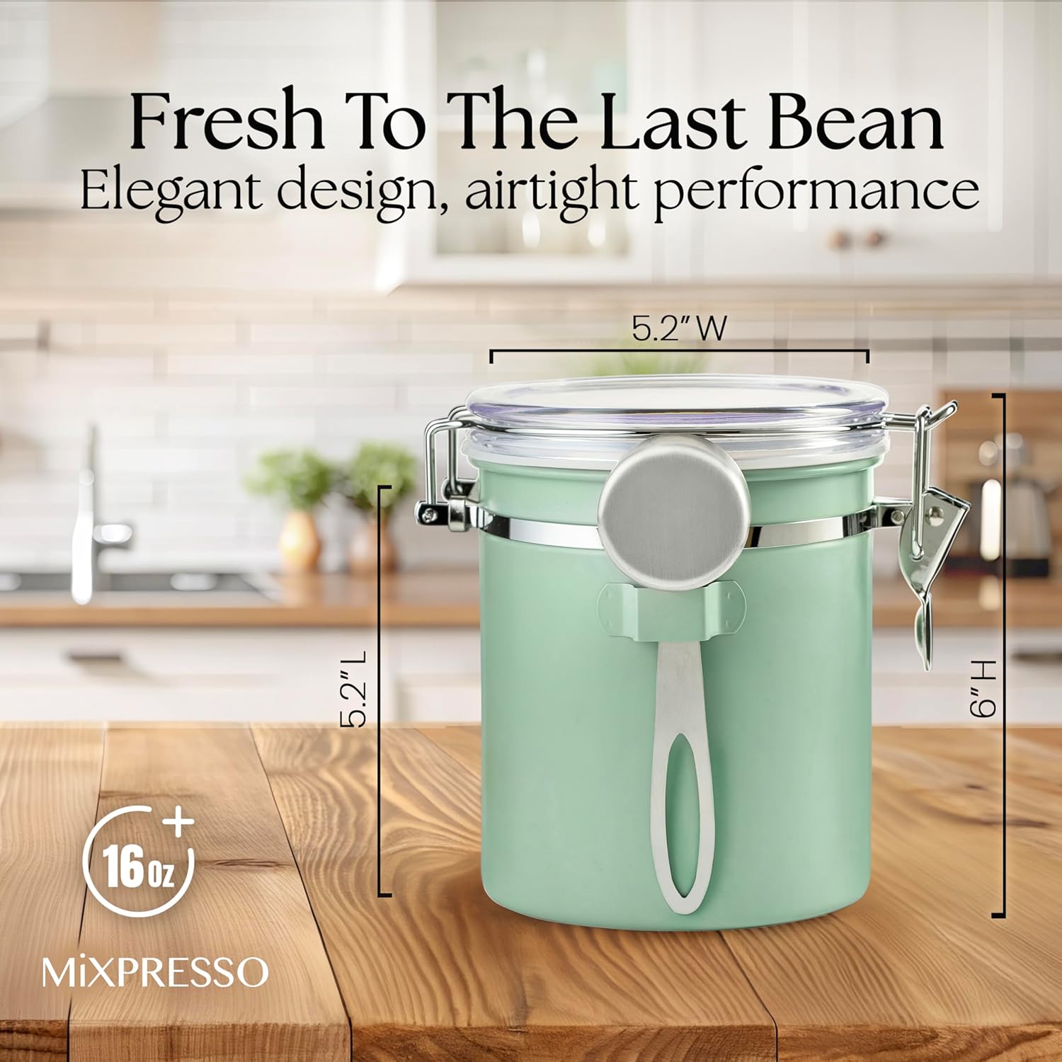 Coffee Canister, Airtight Coffee Bean Storage Container 16oz | Green Stainless steel container with clear lid, CO2