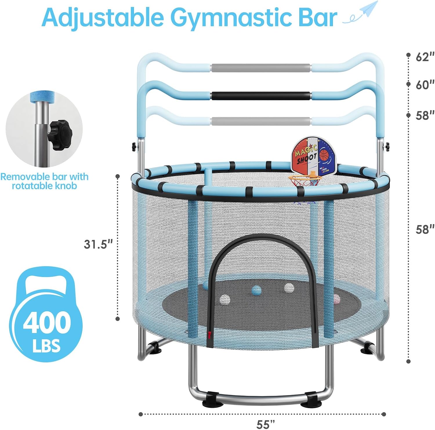55/60" Trampoline for Kids, 4.5/5 FT Toddler Trampoline with Enclosur Net, Basketball Hoop & Sandbag, 440 LBS