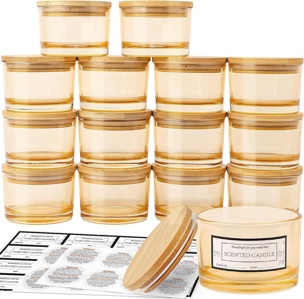 15 Pack 4oz Gold Amber Glass Candle Jars with Airtight Bamboo Lids | Thick Glass, Bulk Small Wide Mouth Candle