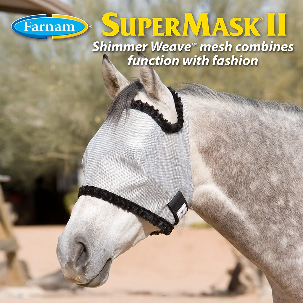 SuperMask II Shimmer Weave Mesh Horse Fly Mask Without Ears, Eye Protection from Insect Pests, Soft Silver Mesh with